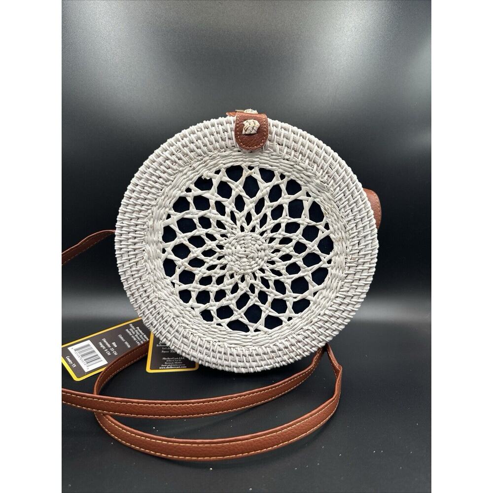 9” NAVY Lined WHITE Round Rattan Bag‎ for Women Beach Crossbody Shoulder Bag NWT